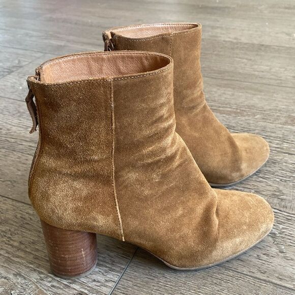 Sandro Paris Brown Tan Suede Ankle Boots w a Wooden Rounded Block Heel Size 38 - Picture 4 of 9